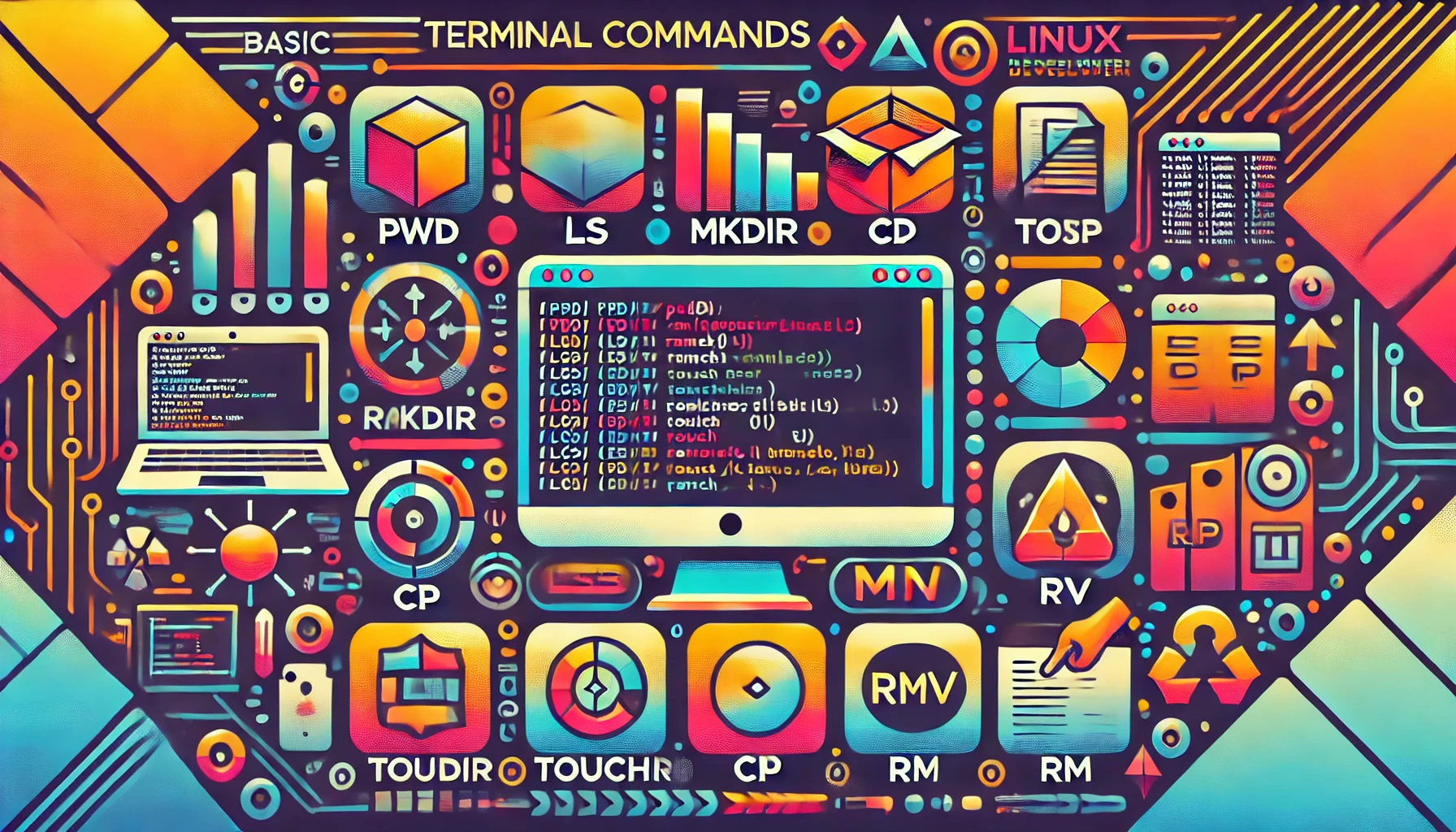 dall e 2024 08 03 14.09.19 a vibrant and informative illustration depicting the basic terminal commands for web developers. the image should include visual representations of a