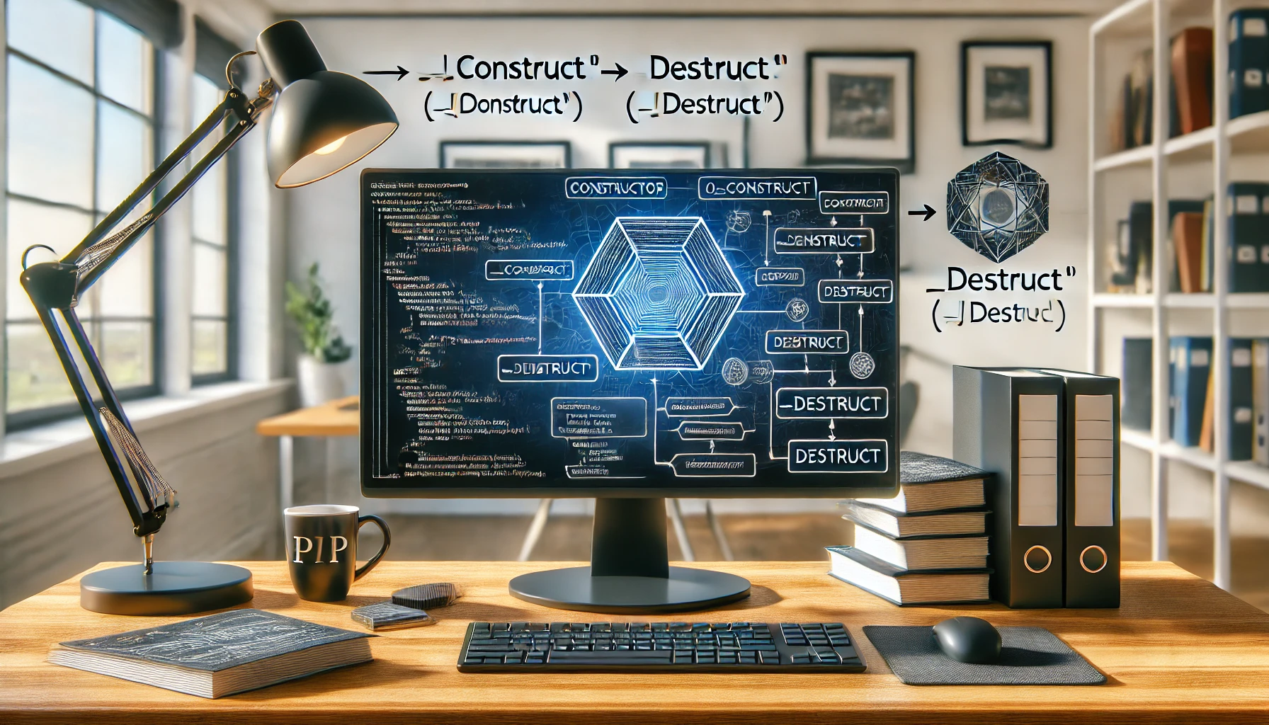 dall e 2024 08 04 21.20.02 a detailed image illustrating php object lifecycle. the image features a computer screen displaying php code with constructor construct and destru