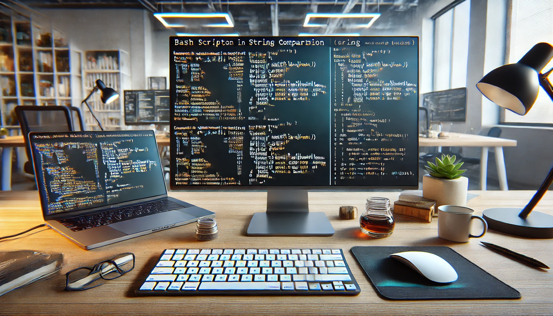 dall e 2024 08 04 21.28.26 a detailed image illustrating string comparison in bash scripts. the image shows a computer screen with a bash terminal open displaying code