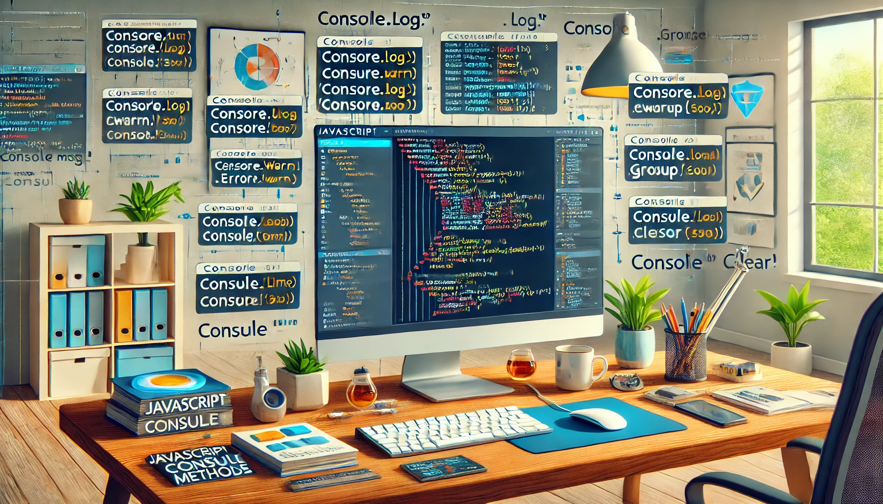 dall e 2024 08 04 21.34.38 a detailed image illustrating various javascript console methods. the image shows a computer screen with a developers environment open displaying co