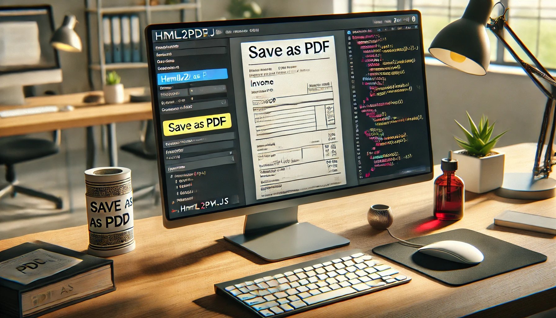 dall e 2024 08 04 21.41.48 a detailed image illustrating the creation of a pdf file from an html page using the html2pdf.js library. the image shows a computer screen with a web