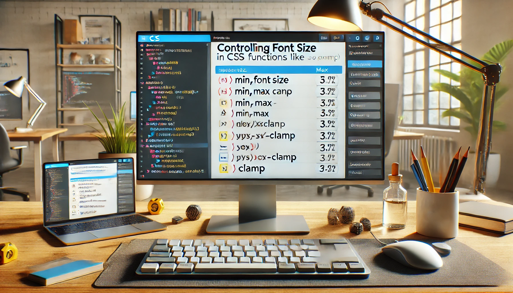 dall e 2024 08 04 22.00.04 a detailed image illustrating the concept of controlling font size in css using functions like min max and clamp. the image shows a web browser wind