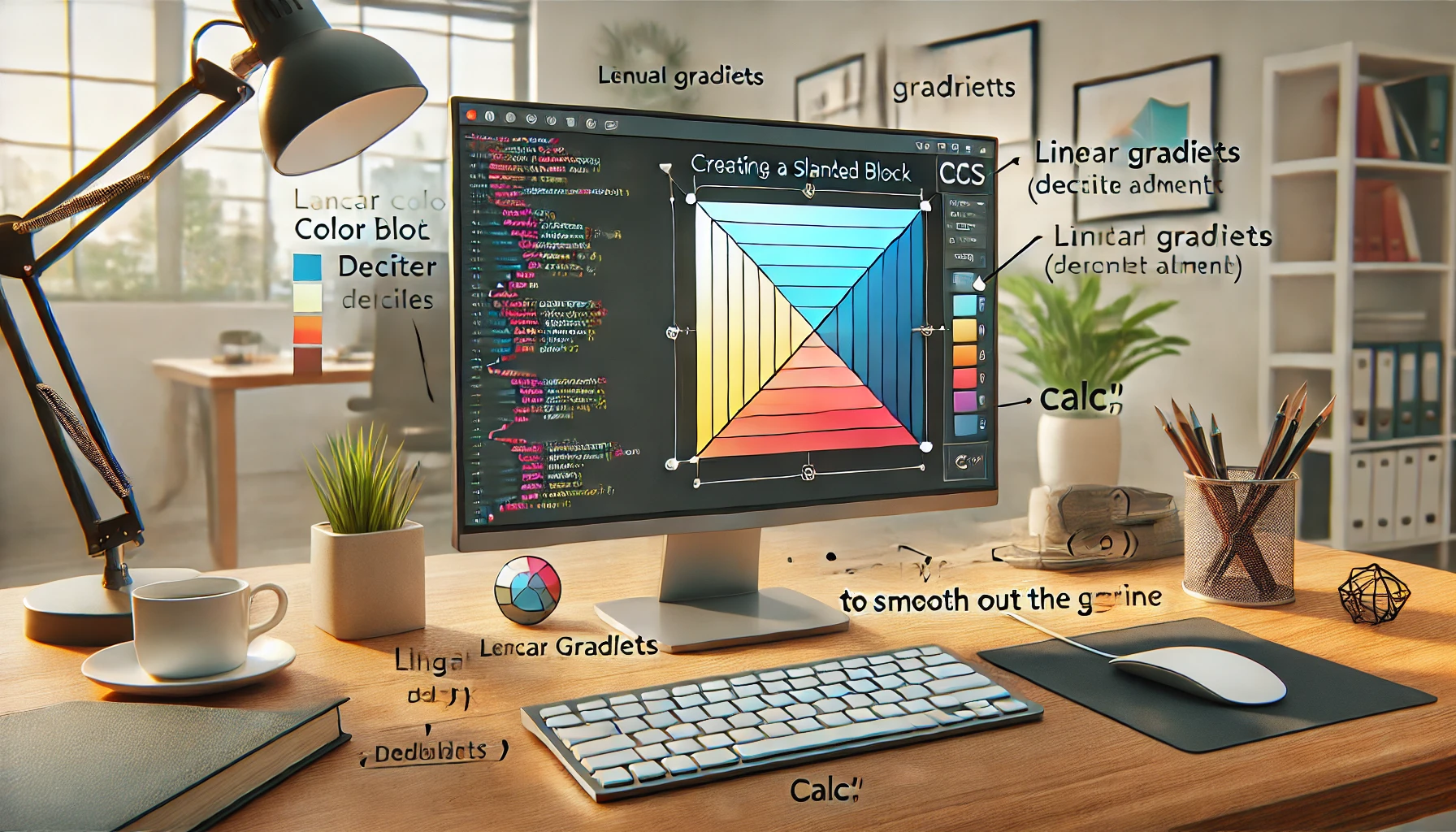 dall e 2024 08 04 22.23.21 a detailed image illustrating the concept of creating a slanted color block using css. the image shows a web browser window with an example of a color