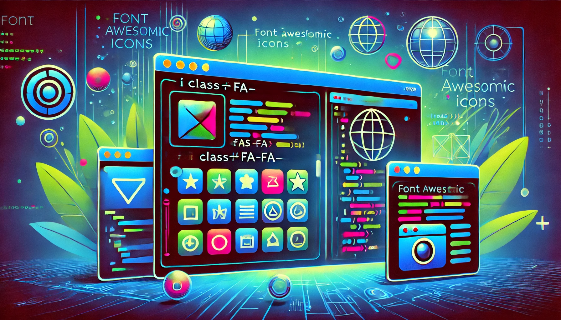dall e 2024 08 05 13.58.03 a vibrant digital illustration of a web development environment showcasing the use of font awesome icons. on the left side a modern code editor windo