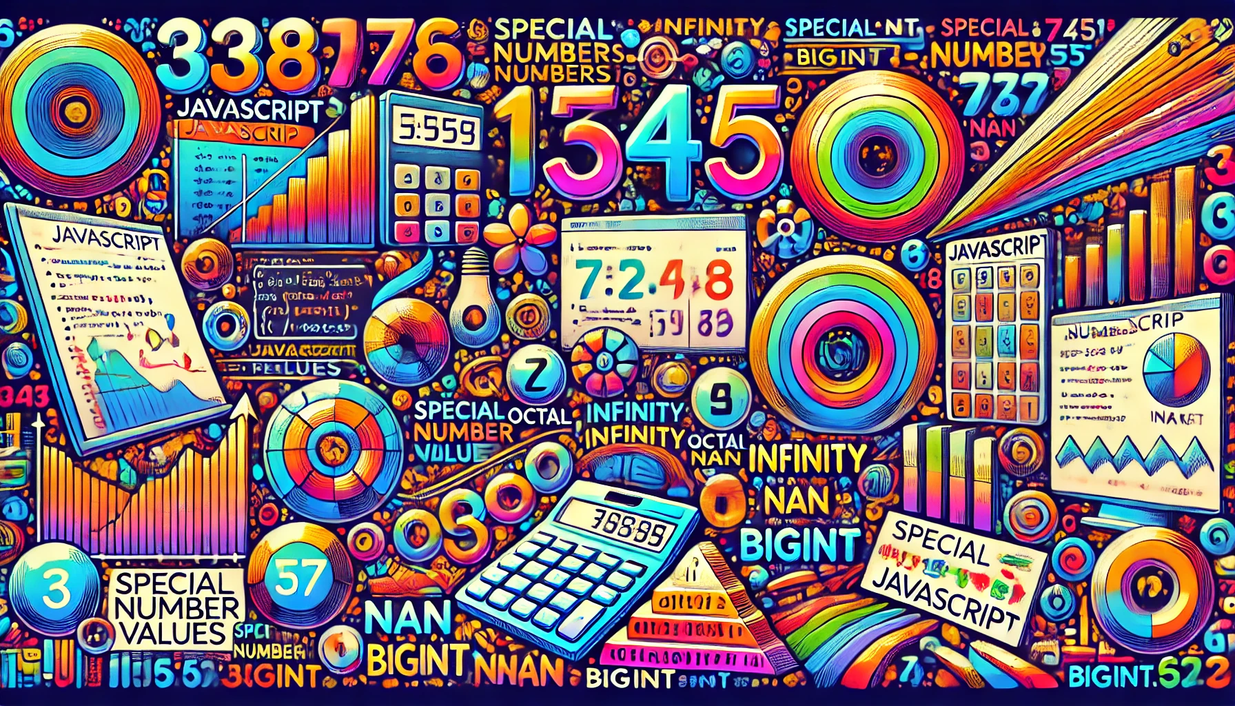 dall e 2024 08 09 12.55.13 a vibrant and detailed illustration showcasing the various ways numbers can be represented in javascript. the image should include examples of decimal