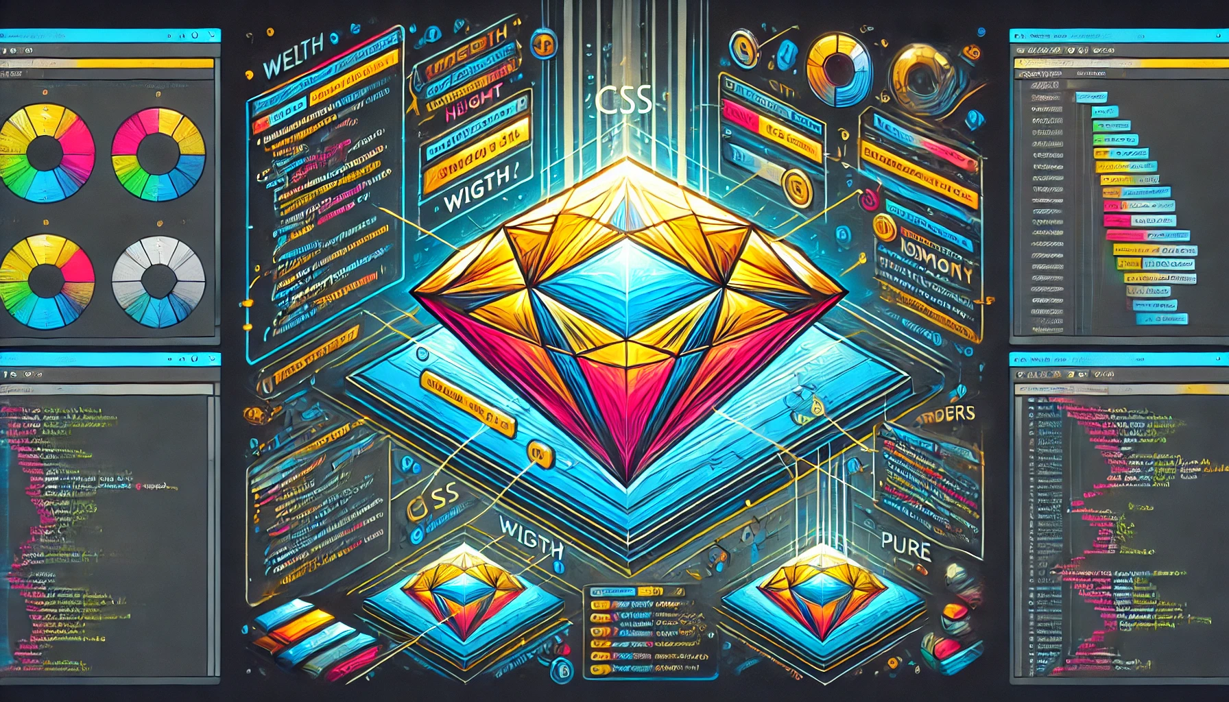 dall e 2024 08 09 14.46.10 a vivid and detailed illustration showing the step by step creation of a diamond shape using pure css. the image features a modern code editor interfa