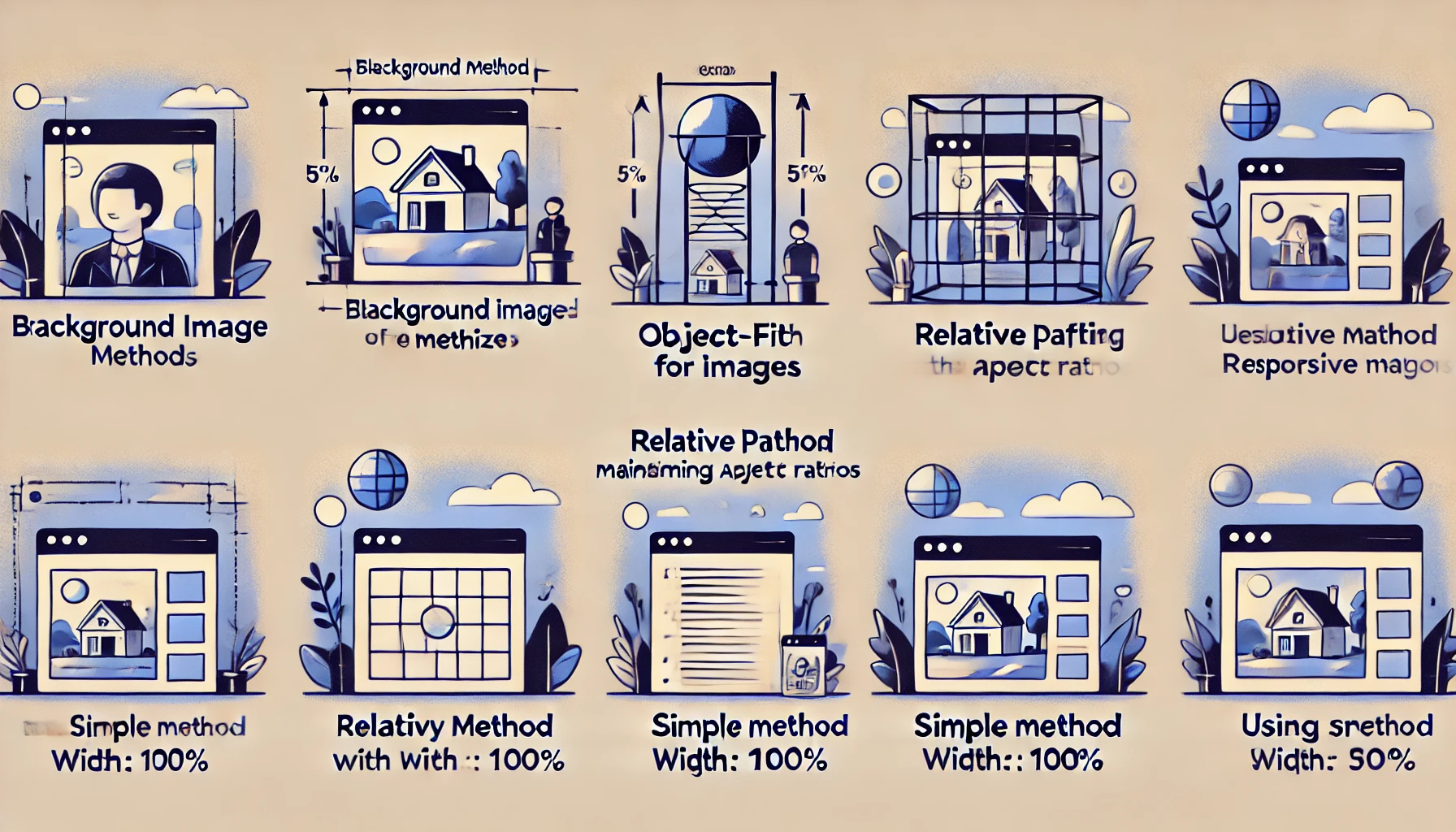 dall e 2024 08 11 13.37.52 an illustration showcasing five different methods of handling image sizes in responsive web design. the image should be divided into five sections ea