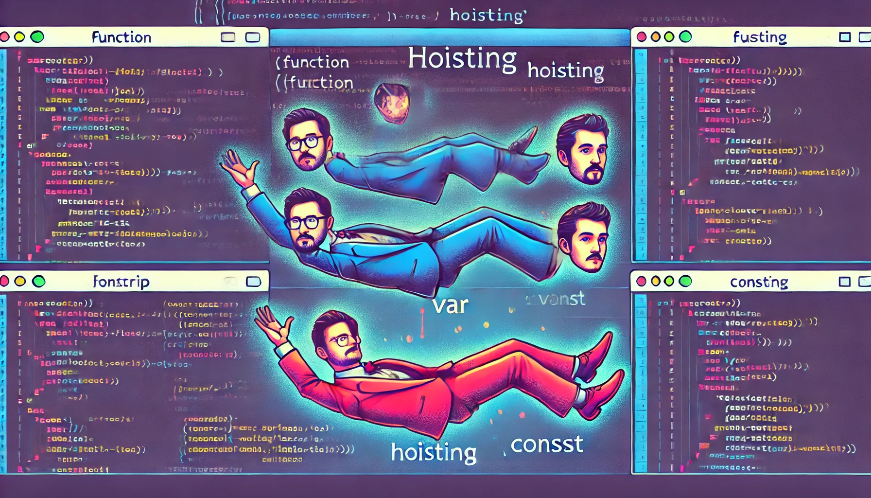 dall e 2024 08 13 12.38.19 a vivid widescreen illustration depicting the concept of hoisting in javascript. the image should be split into three sections each showing a differe