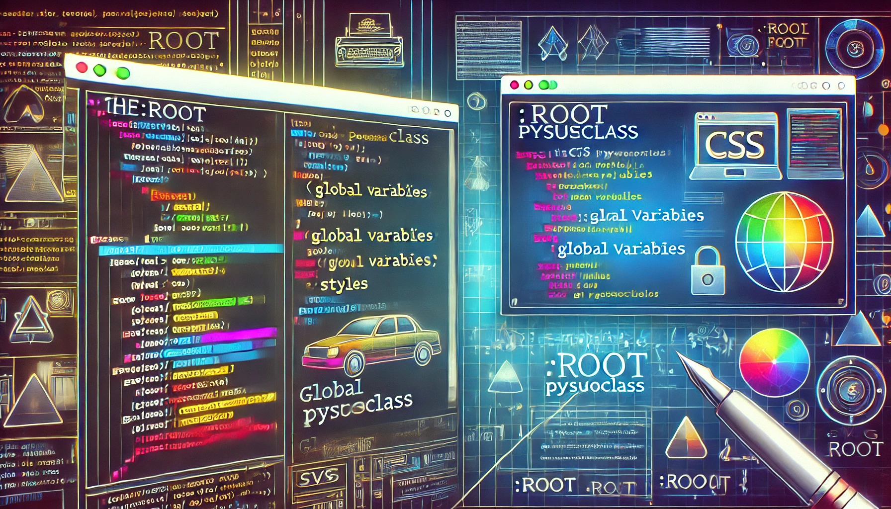 dall e 2024 08 13 13.36.25 a vivid widescreen image illustrating the concept of the root pseudoclass in css. the image features a code editor interface on the left side displa