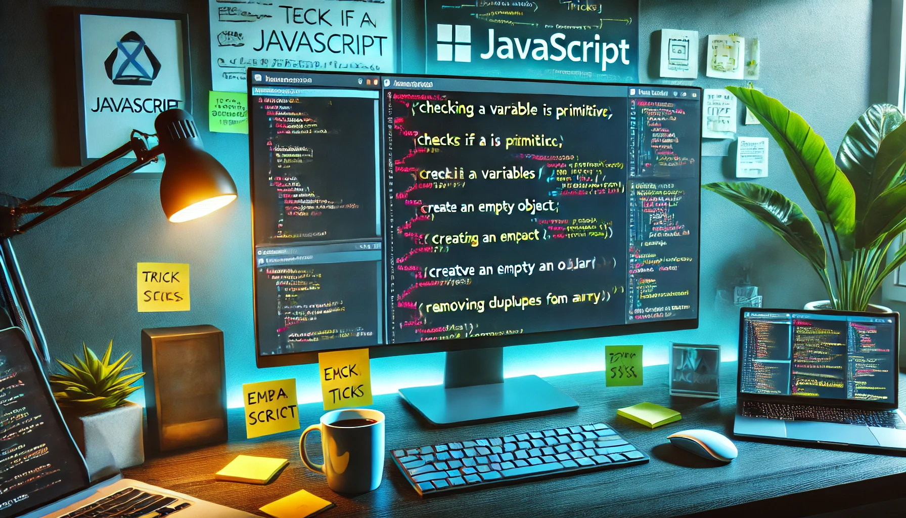 dall e 2024 08 14 13.51.16 a vivid and detailed image of a developers workspace with a computer screen showing javascript code examples specifically focusing on the tricks men